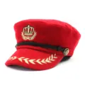 Cappello da capitano della marina rosso in lana con ricami corona e grano per l'inverno - Taglia unica / Peluche Corto / Rosso