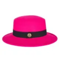 Hot pink wool felt flat top hat featuring a black ribbon band and a gold metal badge - Fits 56-58cm Head / Rose Red