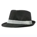 Classic summer black paper straw fedora hat featuring a stylish white mesh band detail - Black with White Edge