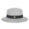 Elegant grey wool felt boater hat with a black ribbon band and gold emblem detail - Fits 56-58cm Head / Mixed Light Gray