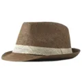 Classic brown woven straw fedora hat with a beige band for summer beach sun protection - Coffee with Beige Band