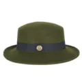 Stylish olive green flat top wool felt hat with navy decorative band and gold badge - Fits 56-58cm Head / Dark Green