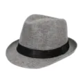 Grey breathable straw fedora sun hat featuring a black ribbon band for beach wear - Gray