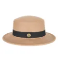 Classic camel wool felt boater hat with black ribbon band and gold metal badge - Fits 56-58cm Head / Dark Khaki