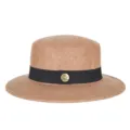 Camel wool felt flat top hat with black ribbon band and gold emblem detail - Fits 56-58cm Head / Mixed Camel