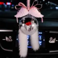 Romantic crystal ball car pendant with pink angel wings and soft white faux fur tails. - Gift Ball with Pink Ribbon Pink Wings and Mink Fur / Red