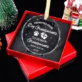 Gedetailleerde macro-opname van gegraveerd glazen kerstornament in een rode geschenkdoosje - Stijl 16-Menselijke Grootouders 2026