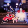 Crystal Rhinestone Vintage Car Perfume Holder Car Dashboard Ornament Set Cute Couple Figurine - Red Car + Doll + Feather Balloon + Anti-Slip Mat