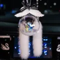 Crystal ball car hanging ornament with angel wings and white fur tassels - Clear Ball + Black Ribbon + White Wings + Faux Fur