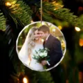Close-up of faceted glass Christmas ornament with a wedding photo of a couple - Wedding Circle Pendant