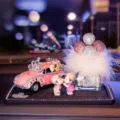 Crystal Rhinestone Pink Vintage Car Dashboard Ornament Couple Figurine Perfume Bottle - Pink Car + Doll + Feather Balloon + Anti-Slip Mat