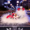 Rhinestone vintage car perfume holder with cute couple and feather base for car interior decor. - Red Car + Doll + Feather Balloon + Feather Anti-Slip Mat