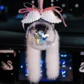 White plush angel wings car hanging ornament with crystal ball and elegant pink ribbon - Clear Ball + Pink Ribbon + White Wings + Faux Fur