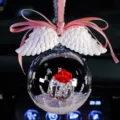 Elegant car hanging crystal ball ornament with white angel wings and pink bow decoration - Gift Ball with Pink Ribbon and White Wings / Red