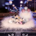 Bling rhinestone car perfume holder interior decoration set with cute cartoon couple and feathers. - White Car + Doll + Feather Balloon + Feather Anti-Slip Mat