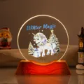 Close-up of a circular Christmas night light with a unicorn 'Winter Magic' design - Style 10 / 6cm Crystal + USB Warm Light Base
