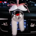 Elegant crystal ball car rearview mirror hanging ornament with angel wings and pink ribbon - Gift Ball with Pink Ribbon White Wings and Mink Fur / Red