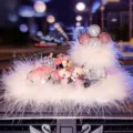 Rhinestone pink vintage car car ornament with kissing couple figurines and feather decor 1pc - Pink Car + Doll + Feather Balloon + Feather Anti-Slip Mat