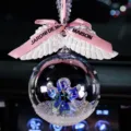 Elegant crystal ball car hanging ornament featuring angel wings and a pink ribbon bow - Clear Crystal Ball + Letter Pink Ribbon + White Wings