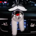 Elegant car crystal ball mirror hanging ornament with wings and soft fur tails - Gift Ball with Black Letter Ribbon White Wings and Mink Fur / Red