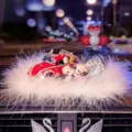 Rhinestone vintage car ornament set with fluffy feather mat, couple figurine and pearl bottle. - Red Car + Doll + Pearl Balloon + Feather Anti-Slip Mat