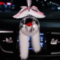 Elegant crystal ball car hanging ornament with white wings and pink bow ribbon detail - Gift Ball with Pink Letter Ribbon White Wings and Mink Fur / Red