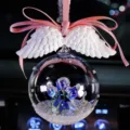 Elegant crystal angel car ornament with white wings and pink ribbon for rearview mirror - Clear Crystal Ball + Pink Ribbon + White Wings