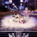 Bling rhinestone car perfume bottle ornament set with cute couple figurines and soft feathers. - White Car + Doll + Pearl Balloon + Feather Anti-Slip Mat