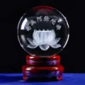 Crystal ball ornament with laser-engraved lotus and text, elegant home decor piece. - Amitabha Crystal Ball + Base / 60mm