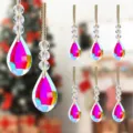 Detailed view of faceted teardrop crystal Christmas ornaments with rainbow AB coating - Lute-shaped / Style 38 Navy Bird Print / AB Color