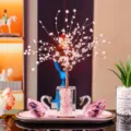 Luxury pink K9 crystal swan figurine ornament set with a decorative gemstone money tree - Pink Swan 2 + Pink Cube Money Tree + Pink Tray Set