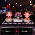 Crystal God of Wealth car ornament set with pink lotus on pearl non-slip mat - Pink Lotus With Fortune Doll And Pearl Anti-Slip Mat