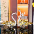 Elegant pair of crystal swan ornaments with amber yellow wing accents for home or car - Swan Crystal Ornament Style 2 / Yellow