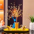 Elegant K9 crystal swan pair and citrine money tree on a yellow tray for home decor. - Yellow Pair Set (With Tray & Money Tree) / Yellow