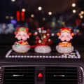 Crystal-encrusted God of Wealth car ornament set with festive decorative tree - Red Silver Gypsophila With Fortune Doll And Pearl Anti-Slip Mat