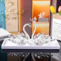 Elegant pair of crystal swan figurines on a white tray for car or home decoration - Swan Crystal Ornament With White Tray / White