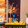 Elegant yellow K9 crystal swan figurine set and money tree on a yellow decorative tray - 3 Yellow Swans + Yellow Cube Fortune Tree + Yellow Tray