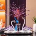 Elegant purple crystal swan and amethyst gemstone tree ornament set for luxury home decor - Purple Pair Set (With White Tray & Money Tree) / Purple and White