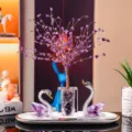Elegant purple K9 crystal swan figurines and amethyst gemstone tree ornament set - Purple Swan 2 with Purple Cubic Money Tree & White Tray