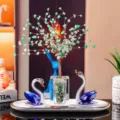 Pair of elegant blue crystal swan figurines with a gemstone money tree gift set - Blue Pair Set (With White Tray & Green Money Tree) / Blue/Green