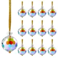 Set of iridescent faceted crystal ball Christmas tree ornaments with gold hanging cords - 12pcs Set / White Yellow Crystal Ball