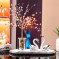 Luxury K9 crystal swan ornaments with colorful gemstone tree on elegant white tray - White Swan with Colorful Cubic Money Tree and White Tray