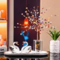 Elegant K9 crystal swan couple ornament set featuring a vibrant multi-color gemstone tree. - 2 White Swans with Colorful Cubic Money Tree and White Tray