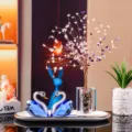 Elegant blue K9 crystal swan figurines with gemstone money tree for home decoration - 2 Blue Swans with Purple & White Cubic Money Tree and White Tray
