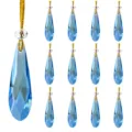 Set of 12 blue faceted crystal teardrop Christmas tree ornaments with gold hanging cords - Teardrop Pendant / 12pcs Set / Blue Gray