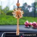 Elegant champagne gold crystal flower car hanging ornament for rearview mirror decoration - With Gift Box Tassel Style / Champagne Gold