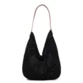 Fashionable black hollow knitted crochet tote bag with stylish brown leather strap - One Size / Black