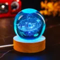 Macro view of 3D laser engraved solar system planets inside a blue glowing crystal ball - Solar System (JYSJ-SJQ-019) / Color 60 Ball With Wood Warm Light Base