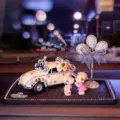 Rhinestone vintage car dashboard ornament with cute couple and balloons for car interior decor - White Car + Doll + Diamond Balloon + Anti-Slip Mat
