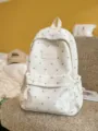 Fashionable lightweight white backpack with grey heart pattern for students and commuting - With Pendant / Off White